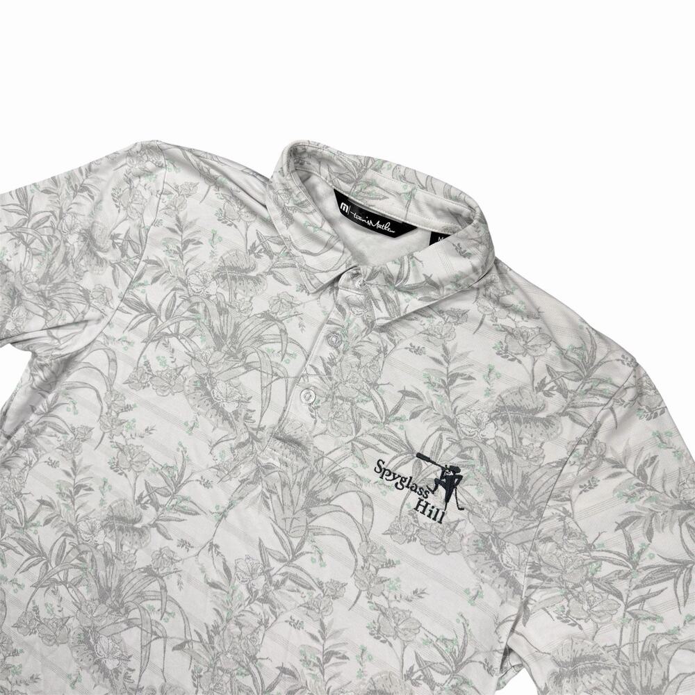 TravisMathew Spyglass Hill Golf Polo Men’s Medium Gray Floral Performance Shirt
